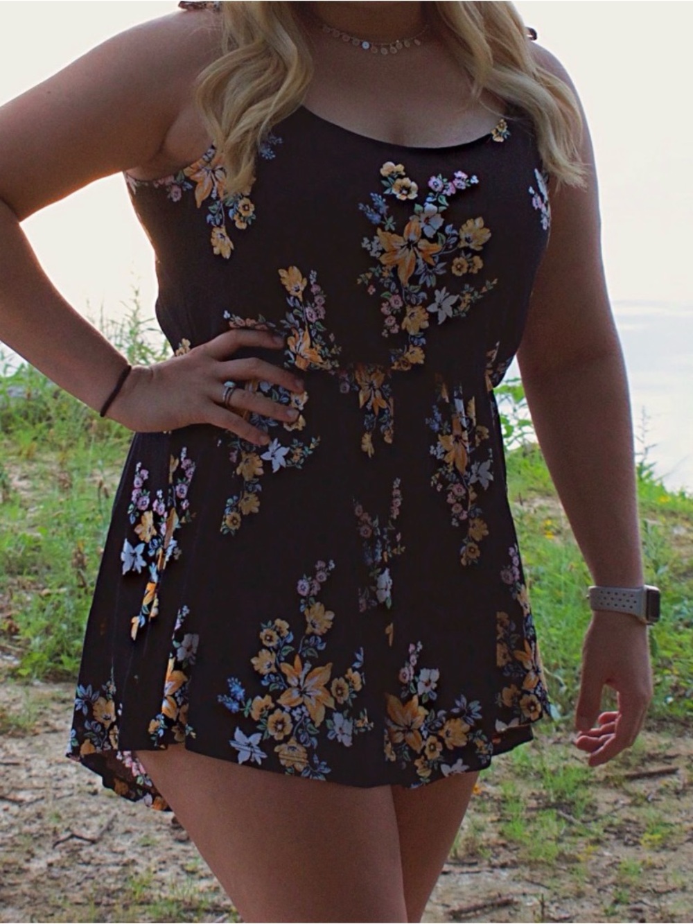 Black Floral Tank Romper with Yellow and Pink Blooms